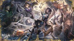  1boy 5girls ame_jang animal_ears arknights black_gloves black_hair black_thighhighs brown_hair cassandra_(arknights) cat cat_ears cat_girl cat_tail chain chinese_commentary commentary_request copyright_name copyright_notice cow_horns dark-skinned_female dark_skin flower flower_on_head fox_ears gloves green_hair hair_over_one_eye highres holding holding_staff horns infection_monitor_(arknights) jacket light_rays lydia_asklepios_(arknights) mio_(beast_lord)_(arknights) multiple_girls official_art open_clothes open_jacket oversized_jacket pallas_(arknights) perfumer_(arknights) perfumer_the_distilled_(arknights) staff tail thigh-highs titi_(arknights) varkaris_(arknights) 