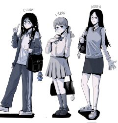  3girls asian bag blush cellphone china commentary_request hansoom_(latebirdwakeup) highres japan korea korean_commentary long_hair looking_at_viewer monochrome multiple_girls original phone school_bag school_uniform skirt smile 