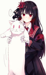  ... 1girl animal animalization black_dress black_hair blush cat closed_mouth collared_shirt commentary_request crown dress flower hair_flower hair_ornament hands_up holding holding_animal holding_cat long_hair long_sleeves longcat_(meme) looking_at_viewer mahou_shoujo_no_majo_saiban meme mini_crown mogupon necktie nikaido_hiro pink_eyes red_eyes red_flower red_necktie red_sailor_collar sailor_collar sakuraba_ema shirt simple_background small_sweatdrop spoken_ellipsis white_background white_cat white_flower white_shirt 