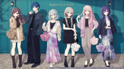  1boy 1other 25-ji_kaito 25-ji_miku 25-ji_nightcord_de._(project_sekai) 4girls akakura akiyama_mizuki aqua_eyes aqua_nails arm_at_side asahina_mafuyu bag belt black_belt black_boots black_bow black_camisole black_dress black_jacket black_pants black_shirt black_shoes black_socks blue_eyes blue_hair blue_nails boots bow braid breast_pocket breasts brown_bag brown_belt brown_boots brown_bow brown_eyes brown_hair brown_jacket brown_pants brown_shirt camisole closed_mouth collarbone collared_jacket commentary_request copyright_notice crossed_ankles dress earrings floral_print flower_earrings full_body grey_hair grey_nails grey_scrunchie grid_print group_name guest_art hair_behind_ear hair_between_eyes hair_bow half_updo hand_in_pocket hand_on_own_arm hand_on_own_hip hand_up handbag hatsune_miku heterochromia high_heels highres jacket jacket_on_shoulders jewelry kaito_(vocaloid) lace-up_boots lace_socks lapels long_bangs long_hair long_skirt long_sleeves looking_at_viewer low_twin_braids medium_breasts multiple_girls multiple_necklaces multiple_rings nail_polish necklace notched_lapels official_alternate_costume official_alternate_hair_length official_alternate_hairstyle official_art open_clothes open_jacket outdoors pants pink_bag pink_eyes pink_hair pink_jacket pink_nails pleated_skirt pocket project_sekai purple_bag purple_hair purple_nails ribbed_sweater ring scrunchie second-party_source see-through_clothes see-through_sleeves shadow shinonome_ena shirt shoes short_hair short_sleeves shoulder_bag side_braid sidelocks single_off_shoulder skirt sleeveless sleeveless_shirt sleeves_past_fingers sleeves_past_wrists sleeves_pushed_up small_breasts smile socks spaghetti_strap standing straight_hair sweater turtleneck turtleneck_shirt turtleneck_sweater twin_braids unbuttoned violet_eyes vocaloid wavy_hair white_bag white_hair white_jacket white_shoes white_skirt white_sweater wolf_cut wrist_scrunchie yoisaki_kanade zozotown 