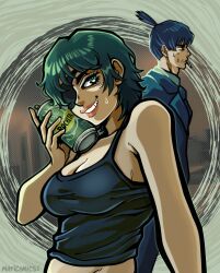  1boy 1girl absurdres alcohol beer blue_hair breast_focus breasts chainsaw_man cigarette crop_top eyepatch green_eyes green_hair hayakawa_aki highres himeno_(chainsaw_man) jacket large_breasts maticomics64 short_hair topknot 