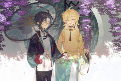  2boys 443420884 aether_(genshin_impact) ahoge blonde_hair closed_mouth commentary_request earrings genshin_impact glasses hand_on_another's_lap highres jacket jewelry long_sleeves looking_at_viewer male_focus monocle multiple_boys oil-paper_umbrella open_mouth single_earring umbrella xiao_(genshin_impact) yellow_eyes 