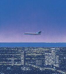  aircraft airplane building city city_lights cityscape commentary_request highres hiroshi_nagai horizon jpeg_artifacts night no_humans original outdoors sky skyscraper water 