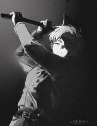  1boy absurdres axe belt buttons chi.:_chikyuu_no_undou_ni_tsuite closed_eyes closed_mouth commentary_request facing_viewer false_smile greyscale highres holding holding_axe jacket kxdgpnqgoe44409 male_focus monochrome rafal_(chi.) short_hair smile solo translation_request two-handed 