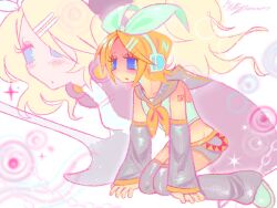  1girl blonde_hair blue_eyes bow commentary detached_sleeves english_commentary grey_sailor_collar hair_bow headphones kagamine_rin kagamine_rin_(reactor) long_sleeves official_alternate_costume quack_(qua_qwack999) roshin_yuukai_(vocaloid) sailor_collar sailor_senshi_uniform short_hair vocaloid 