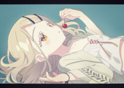  1girl :o absurdres black201_wav blonde_hair camisole cherry collarbone colored_eyelashes commentary earrings food fruit gakuen_idolmaster hair_spread_out highres holding holding_food holding_fruit idolmaster jewelry letterboxed long_hair looking_ahead lying on_back orange_eyes robe shinosawa_hiro solo stud_earrings upper_body white_camisole white_robe 