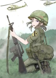  1girl 1other 1st_cavalry_division absurdres aircraft ammunition_pouch artist_name assault_rifle bayonet black_boots boots brown_hair camouflage camouflage_headwear canteen chevron_(symbol) combat_boots combat_helmet commentary_request cross day from_behind full_body grass green_eyes green_helmet green_pants green_shirt gun gun_sling hair_ornament hairclip helicopter helmet highres holding holding_gun holding_weapon insignia kneeling knife knife_sheath load_bearing_equipment load_bearing_vest long_hair looking_at_viewer m16 m16a1 m1_helmet machine_gun military military_combat_uniform military_fatigues military_rank_insignia military_uniform military_vehicle nature on_grass open_mouth original outdoors pants pants_tucked_in patch pouch red_cross revision rifle savankov sheath sheathed shirt shoe_soles shoulder_patch sky sleeves_rolled_up soldier solo_focus uh-1_iroquois unit_patch united_states_army vietnam_war violet_eyes weapon white_sky x_hair_ornament 