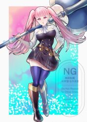  1girl axe battle_axe belt black_boots black_dress blue_thighhighs boots border breasts commentary dress fire_emblem fire_emblem:_three_houses garreg_mach_monastery_uniform highres hilda_valentine_goneril holding holding_axe knee_boots large_breasts long_hair looking_at_viewer open_mouth outside_border pink_eyes pink_hair ponpoko89 skindentation solo thick_thighs thigh-highs thighs twintails very_long_hair weapon white_border 