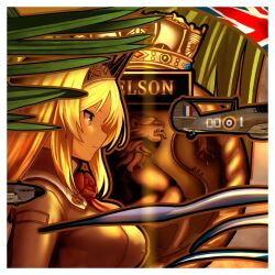  1girl aircraft airplane blonde_hair border breasts character_name closed_mouth commentary_request crown flower from_side headgear highres kantai_collection large_breasts long_hair nelson_(kancolle) profile red_flower solo timmyyen union_jack white_border 