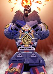  absurdres dust_cloud fire flaming_sword flaming_weapon highres holding holding_sword holding_weapon kaneko_naoya mecha mecha_focus muteki_shogun ninja_sentai_kakuranger no_humans overhead_swing red_eyes robot super_sentai sword weapon 