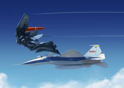  2023 2others absurdres aircraft airplane assault_visor blue_sky canards canopy_(aircraft) clouds commentary_request contrail fighter_jet flying highres kidou_keisatsu_patlabor l.w._mirage mecha military_vehicle multiple_others nasa pilot red_visor robot science_fiction signature sky taking_picture type_j-9_griffon vehicle_request 