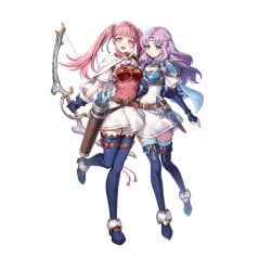  2girls armor arrow_(projectile) belt black_thighhighs blue_boots blue_cape blue_gloves blue_thighhighs blush boots bow_(weapon) breastplate breasts brown_belt cape circlet closed_mouth dagger dress elbow_gloves fingerless_gloves fire_emblem fire_emblem:_the_blazing_blade fire_emblem:_three_houses fire_emblem_heroes florina_(fire_emblem) florina_(skyward_wings)_(fire_emblem) gloves gomashio_ponz green_eyes hairband headband hilda_valentine_goneril hilda_valentine_goneril_(skyward_wings) holding holding_bow_(weapon) holding_weapon knife long_hair looking_at_viewer multiple_girls official_alternate_costume official_art open_mouth pink_dress pink_eyes pink_hair purple_hair quiver sheath sheathed short_sleeves shoulder_armor simple_background smile thigh-highs thigh_boots twintails weapon white_background white_cape white_dress white_hairband white_headband 