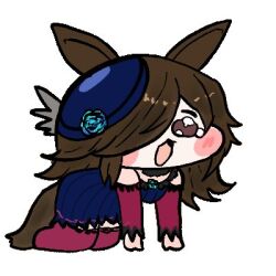  1girl all_fours animal_ears blue_dress blush brown_eyes brown_hair chibi chibi_only commentary_request detached_sleeves dress hair_over_one_eye horse_ears horse_girl lowres meme miyabi1221 open_mouth rice_shower_(rosy_dreams)_(umamusume) rice_shower_(umamusume) simple_background solo speakiposting_(meme) tail tearing_up tears trickcal umamusume white_background 
