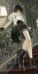  1other ankle_boots black_gloves black_hair black_pants black_shoes black_shorts boots cane character_request commentary_request copyright_request feet foot_focus frilled_shirt frills full_body gloves hair_between_eyes hand_on_railing handrail highres holding holding_cane lace-trimmed_shorts lace_trim looking_at_viewer nnnyj pants red_carpet shirt shoes short_hair short_sleeves shorts stairs standing tail violet_eyes watermark white_shirt 