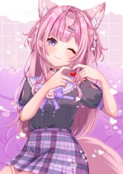  1girl animal_ear_fluff animal_ears antenna_hair black_shirt blush closed_mouth commentary_request four-finger_heart_hands hair_ornament hair_ribbon hairpin hakui_koyori heart heart_hands highres hololive long_hair official_alternate_costume one_eye_closed pink_hair purple_skirt ribbon shirt skirt smile solo tail very_long_hair violet_eyes virtual_youtuber white_ribbon wolf_ears wolf_girl wolf_tail yokuto 