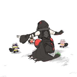  1girl animal_ears belt black_hood cat_ears check_commentary commentary_request cup cupsie_yummy diabellstar_the_black_witch duel_monster elbow_gloves facing_away fur_collar gloves highres jewelry jurassic_world looking_at_another mrimoritkg outstretched_arms ring single_elbow_glove tail white_background yu-gi-oh! 