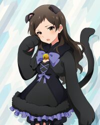  1girl animal_ears animal_hands bell black_dress blush bow bowtie brown_eyes brown_hair cat_ears cat_tail commentary_request cowboy_shot dress fake_animal_ears fake_tail game_cg gloves hand_up idolmaster idolmaster_million_live! idolmaster_million_live!_theater_days kitazawa_shiho kitazawa_shiho_(soraneko_coffee_shop) long_hair looking_at_viewer neck_bell official_alternate_costume official_art open_mouth paw_gloves purple_bow purple_bowtie solo standing tail third-party_source 