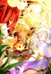  2boys aged_down arm_tattoo armlet bandaid bandaid_on_face black_shorts black_tank_top blonde_hair braid chest_tattoo chimera_(honkai:_star_rail) clawed_gauntlets commentary creature earrings facial_tattoo gold_earrings gradient_hair halo halo_behind_head hand_on_another's_head highres holding holding_creature holding_hands honkai:_star_rail honkai_(series) jewelry male_focus material_growth medium_hair multicolored_hair multiple_boys mydei_(a_trail_of_bygone_blood)_(honkai:_star_rail) mydei_(fig_stew)_(honkai:_star_rail) mydei_(honkai:_star_rail) necklace phainon_(honkai:_star_rail) phainon_(khaslana)_(honkai:_star_rail) phel2084463 red_hair red_tattoo shorts side_braid tank_top tattoo yellow_eyes 