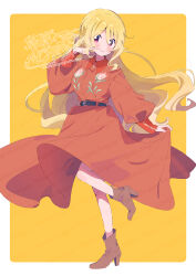  1girl blonde_hair blush boots border brown_boots closed_mouth commentary_request dress full_body hand_up high_heel_boots high_heels highres long_hair long_sleeves magia_record:_mahou_shoujo_madoka_magica_gaiden mahou_shoujo_madoka_magica orange_dress outside_border red_eyes serizawa_serizane simple_background smile solo standing standing_on_one_leg togame_momoko watermark white_border yellow_background 