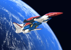  alternate_form blurry blurry_background commentary dated earth_(planet) ex-s_gundam gundam gundam_sentinel highres l.w._mirage no_humans planet science_fiction signature space spacecraft starfighter 
