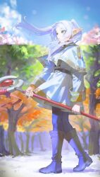  1girl autumn bare_tree black_boots black_pantyhose blue_sky boots capelet cherry_blossoms commentary double-parted_bangs dress earrings elf forehead frieren green_eyes head_only highres holding holding_staff jewelry long_hair looking_ahead pantyhose parted_lips pointy_ears quasarcake sky snow solo sousou_no_frieren staff stitched symbol-only_commentary thick_eyebrows third-party_edit tree twintails white_capelet white_dress white_hair 