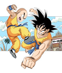  2boys absurdres alternate_universe bald barefoot battle black_hair blue_sash border commentary_request dougi dragon_ball dragon_ball_(classic) facial_mark forehead_mark full_body highres kuririn male_focus medium_hair mikidai7 multiple_boys muscular muscular_male orange_pants orange_shirt outdoors pants sash shirt son_goku spiky_hair white_border 