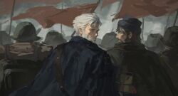  2boys 5others black_coat black_hat brown_hair cape character_request coat combat_helmet commentary english_commentary flag from_behind fur_hat grey_cape grey_sky hat helmet igor_(reverse:1999) lefthgir looking_at_viewer looking_back looking_to_the_side male_focus mature_male multiple_boys multiple_others old old_man profile reverse:1999 short_hair sky soldier turning_head upper_body white_beard white_hair 
