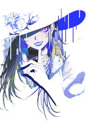  1girl absurdres black_choker black_hair blending choker commentary_request diamond_earrings double_exposure drop_shadow earrings eyelashes eyeliner film_grain flower fur_trim hand_up hat hat_flower highres index_finger_raised jewelry long_hair looking_at_viewer makeup one_eye_covered original parted_lips picture_hat piercing purple_eyeliner ringed_eyes rose single_earring smile solo syakemayusan triangle_earrings violet_eyes white_background white_theme 