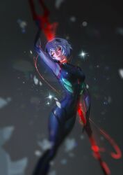  1girl arm_above_head ayanami_rei black_bodysuit blue_hair blurry bodysuit bokeh border breasts closed_eyes closed_mouth commentary_request depth_of_field evangelion:_3.0_you_can_(not)_redo eyeshadow feet_out_of_frame hair_between_eyes highres holding holding_polearm holding_weapon interface_headset_(evangelion) jiunn_kuo lance_of_longinus_(evangelion) makeup mecha_pilot_suit medium_breasts neon_genesis_evangelion pink_eyeshadow plugsuit_(evangelion) polearm rebuild_of_evangelion red_eyes short_hair solo sparkle weapon 