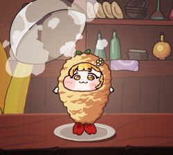  1girl 1other blonde_hair blush closed_mouth commentary_request food indoors obake_sakana plate serving_dome shrimp shrimp_tempura steam tempura trickcal yellow_eyes youngchun_(trickcal) 