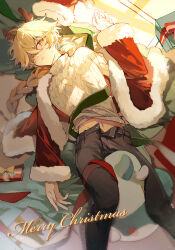  1boy absurdres aether_(genshin_impact) antlers blonde_hair box braid earrings genshin_impact gift gift_box highres horns jewelry lizi_cai long_sleeves looking_at_viewer male_focus merry_christmas navel one_eye_covered open_mouth open_pants pants reindeer_antlers ribbon single_braid single_earring solo turtleneck yellow_eyes 