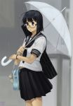  black_eyes black_hair blush glasses mkpower rain school_uniform short_hair skirt taru_neko umbrella 