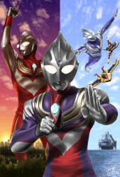  1boy absurdres aircraft airplane alien armor arms_up blue_sky breastplate building city cityscape clenched_hand clouds cloudy_sky color_timer colored_skin commentary compound_eyes crystal day dive_hanger dorsal_fin fighter_jet fighting_stance flying forehead_jewel giant giant_male glowing glowing_eyes gradient_eyes gradient_sky guts_wing guts_wing_02 hands_up highres looking_at_viewer male_focus midair military_vehicle multicolored_eyes multicolored_skin multiple_views muscular muscular_male no_pupils orange_sky outdoors pectorals purple_skin purple_sky raised_fist red_skin shining_gold_montblanc silver_skin sky split_theme straight-on sunset tokusatsu toned toned_male ultra_series ultraman_tiga ultraman_tiga_(multi_type) ultraman_tiga_(power_type) ultraman_tiga_(series) ultraman_tiga_(sky_type) white_eyes wrinkled_skin yellow_eyes 