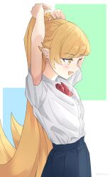  1girl absurdres blonde_hair blue_skirt blush bow bowtie colorful_background commentary_request fang highres kinrucy long_hair monogatari_(series) open_mouth oshino_shinobu pointy_ears red_bow red_bowtie shirt skirt solo tying_hair very_long_hair white_shirt yellow_eyes 