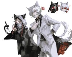  1boy 1girl anger_vein animal_ears arm_support averting_eyes black_cloak black_hair black_hood bouquet cat_boy cat_ears cat_girl cat_tail chibi chibi_inset cloak closed_mouth fate/strange_fake fate_(series) flower flower_in_mouth forehead heart highres holding holding_bouquet holding_with_tail hood hood_up hooded_cloak jester_karture knife long_sleeves no_name_assassin_(fate) notice_lines parted_bangs prehensile_tail prover_crinolin provercrinolin red_eyes red_flower red_rose rose short_hair simple_background slit_pupils suit tail tail_wagging white_background white_suit 