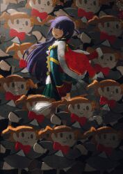  1girl 4jirou :d aijou_karen arms_behind_back black_socks blunt_bangs blush bow bowtie brown_hair c: character_cutout chibi closed_eyes closed_mouth collared_shirt commentary crown_hair_ornament epaulettes facing_back facing_viewer faux_traditional_media fur-trimmed_jacket fur_trim green_jacket green_skirt grey_jacket grey_skirt hair_ornament hand_up highres holding holding_mace holding_weapon jacket jacket_on_shoulders leg_up long_hair long_sleeves love_judgement_(mace) mace miniskirt multicolored_jacket no_nose open_mouth pleated_skirt purple_hair red_bow red_bowtie school_uniform seishou_music_academy_uniform shirt shoes short_hair shoujo_kageki_revue_starlight sidelocks skirt sleeve_cuffs smile socks solid_oval_eyes standing tsuyuzaki_mahiru two_side_up walking weapon white_shirt 