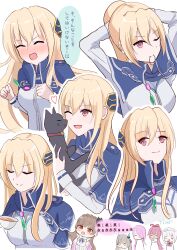  6+girls absurdres blonde_hair cat commentary_request cup heaven_burns_red highres kiryuu_miya kura_satomi long_hair multiple_girls multiple_views ogasawara_hisame red_eyes shirakawa_yuina smyin_rii sugawara_chie teacup tsukishiro_monaka tying_hair 