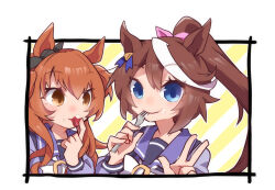  2girls animal_ears beer_hsk black_ribbon blue_eyes bow brown_eyes brown_hair cream cream_on_face diagonal-striped_background ear_ribbon eating food food_on_face fork fruit hair_between_eyes holding holding_food holding_fork horse_ears long_sleeves mayano_top_gun_(umamusume) multicolored_hair multiple_girls pink_ribbon ponytail puffy_long_sleeves puffy_sleeves purple_shirt ribbon school_uniform shirt strawberry streaked_hair striped_background tokai_teio_(umamusume) tracen_school_uniform umamusume upper_body w white_bow white_hair 