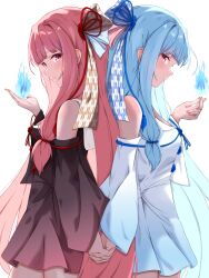  2girls absurdres black_dress black_sleeves blue_hair closed_mouth detached_sleeves dress fingernails highres kotonoha_akane kotonoha_aoi kurozumip long_hair multiple_girls pink_hair red_eyes siblings sisters sleeveless sleeveless_dress tagme voiceroid white_dress white_sleeves 