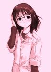  flat_chest genshiken glasses monochrome ogiue_chika pink sakaki_imasato sleeves_rolled_up 