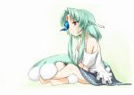  barefoot blue_hair butterflies butterfly carbuncle facial_mark final_fantasy forehead_mark long_hair pen_(artist) personification red_eyes sitting solo tail 