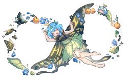  1girl animalization antennae barefoot blue_flower blue_hair butterfly_wings caterpillar closed_eyes commentary dress eating egg eternity_larva facing_viewer fairy flower full_body green_dress hair_flower hair_ornament hashtag-only_commentary highres insect_wings leaf medium_hair multicolored_dress open_mouth shouxishao_jiuyuan smile toes touhou wings yellow_wings 