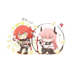  >_< +_+ 2girls :d arrow_(symbol) black_pants black_pantyhose black_shoes blush bocchi_the_rock! chibi chibi_only commentary_request feathers full_body gotoh_hitori grey_skirt hair_between_eyes halo kita_ikuyo long_hair looking_at_viewer multiple_girls no_mouth nose_blush on_one_knee open_mouth pants pantyhose pink_hair rebecca_(keinelove) red_hair shirt shoes simple_background skirt smile standing tears traditional_halo white_background white_shirt yellow_eyes 