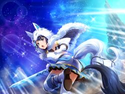  1girl animal_ears animal_hood boots dress elbow_gloves fake_tail fox_ears fox_hood fox_tail from_behind fur_(clothing) game_cg gloves holding holding_sword holding_weapon hood long_hair looking_at_viewer looking_back official_art open_mouth purple_hair shoujo_kageki_revue_starlight shoujo_kageki_revue_starlight_-re_live- solo sword tail tomoe_tamao v-shaped_eyebrows violet_eyes weapon white_boots white_dress white_gloves 