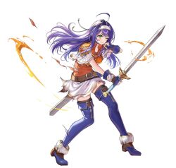  1girl ahoge armor battle_damage belt black_thighhighs blue_boots blue_gloves blue_hair blush boots breastplate breasts brown_belt damaged fingerless_gloves fire fire_emblem fire_emblem:_path_of_radiance fire_emblem:_radiant_dawn fire_emblem_heroes full_body gloves green_eyes hairband headband holding holding_sword holding_weapon long_hair looking_at_viewer mia_(fire_emblem) mia_(zenith_challenger)_(fire_emblem) official_alternate_costume official_art okuma_mai orange_shirt parted_lips purple_hair scabbard sheath shirt short_sleeves shoulder_armor simple_background skirt solo sword thigh-highs thigh_boots thighs third-party_source torn_clothes weapon white_background white_hairband white_headband white_shirt white_skirt wide_sleeves 