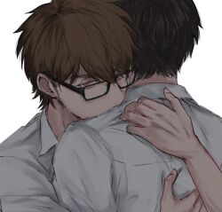  2boys absurdres ace_of_diamond aiaipoponta0605 black-framed_eyewear black_hair brown_eyes brown_hair collared_shirt commentary_request from_behind glasses highres hug looking_at_viewer male_focus miyuki_kazuya multiple_boys rectangular_eyewear sawamura_eijun shirt short_hair simple_background white_background white_shirt 