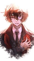  1boy bandage_over_one_eye bandaged_neck bandages black_necktie brown_hair bungou_stray_dogs closed_mouth coat collared_shirt commentary_request dazai_osamu_(bungou_stray_dogs) hair_between_eyes highres jacket male_focus necktie one_eye_covered red_scarf scarf shirt short_hair simple_background solo suit_jacket teeth upper_body watermark white_background white_shirt yasai11_1 