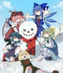  5girls absurdres ascot bare_legs bird_wings black_ascot black_shirt black_shoes black_skirt blue_dress blue_eyes blue_shirt blue_skirt brown_shoes butterfly_hair_ornament cape cirno cup daiyousei dress green_eyes green_hair hair_ornament hat headband highres ice ice_wings multiple_girls mystia_lorelei pink_ascot pink_hair red_cape red_dress red_hat red_headband red_scarf rumia scarf shirt shoes skirt snow snowman teacup team_9_(touhou) touhou white_shirt wings wn_love64 wriggle_nightbug wrinkled_fabric 