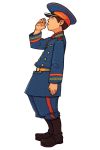  advance_wars advance_wars:_dual_strike belt black_eyes boots brown_hair buttons colin ewan frown hat highres hirata_ryou male military military_uniform nintendo official_art peaked_cap profile salute short_hair simple_background solo standing uniform 