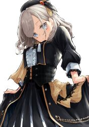  1girl absurdres black_hat black_jacket blue_eyes center_frills ceras_yanagida_lilienfeld closed_mouth commentary frilled_shirt frills grey_hair hat highres jacket lace-trimmed_sleeves lace_trim link!_like!_love_live! long_hair looking_at_viewer love_live! mendo_(mend0o0) open_clothes open_jacket shirt simple_background skirt_hold smile solo theater_ikizama virtual_youtuber white_background white_shirt 